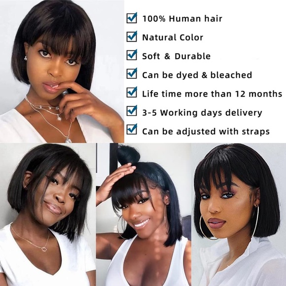 HUMAN HAIR Brazilian 10” Short Black Straight Bob Wig w/Bangs 2X1 HD Lace Scalp - Picture 5 of 11